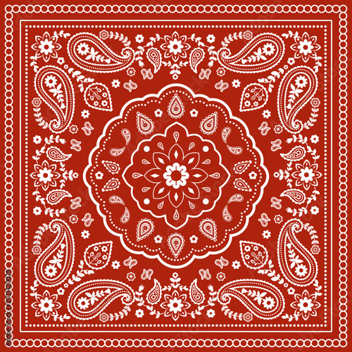Fotografía Vintage Red Paisley Bandana Pattern with Floral Ornament Design.
