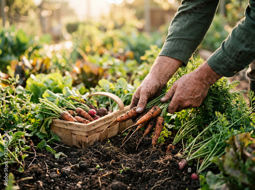 close-up hands harvesting organic vegetables in morning sunlight
