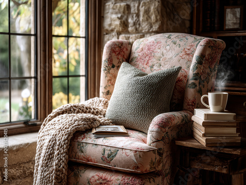 Cozy cottage reading nook with floral armchair and steaming mug of tea