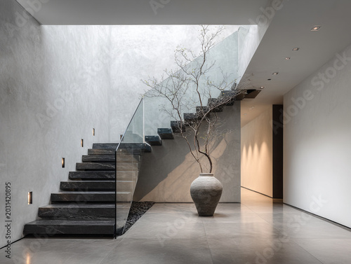 Modern minimalist interior with floating staircase and sculptural tree