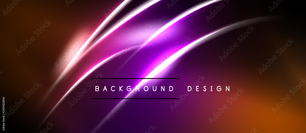 Naklejka premium Abstract design features vibrant purple, orange gradients. Smooth curves create dynamic visual effect. Dark background emphasizes luminosity.