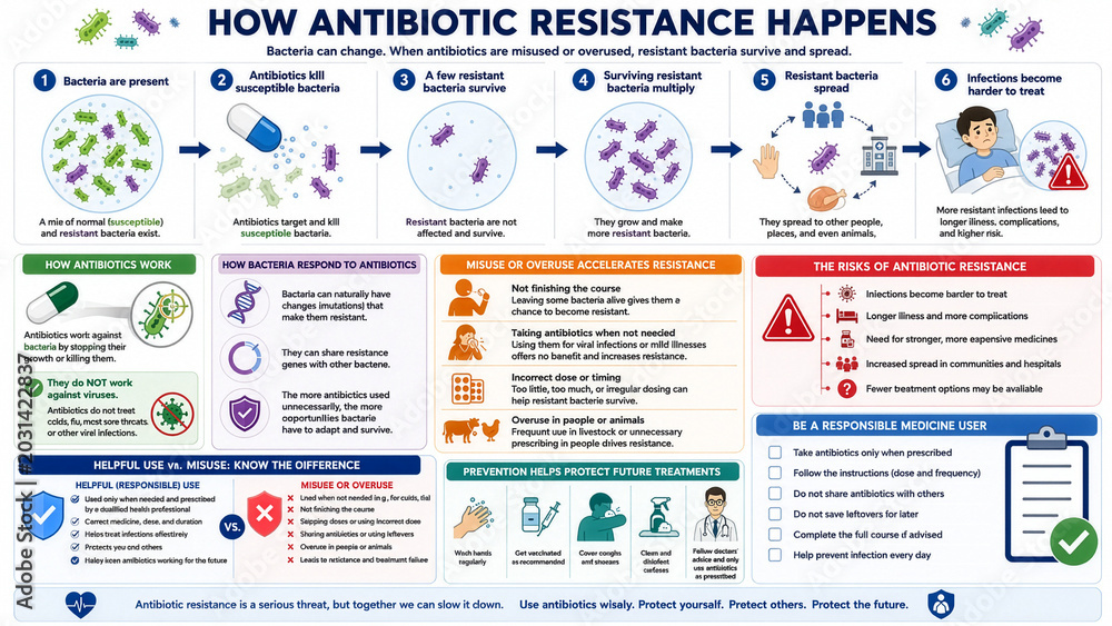 Naklejka premium Educational Infographic Explaining Antibiotic Resistance Process and Risks