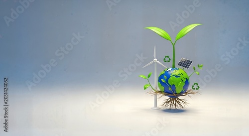 Green planet sprout with wind turbine solar panel during clean energy growth concept with copy space