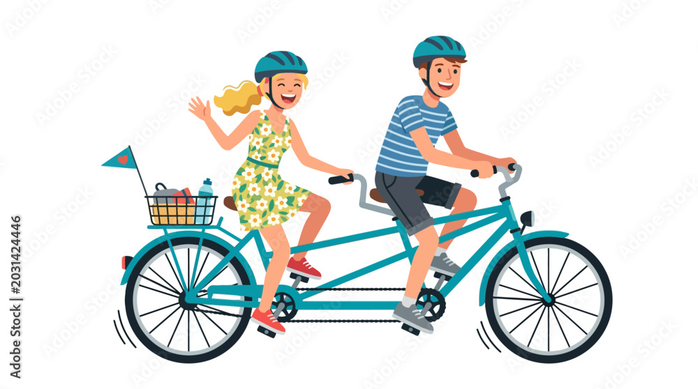 Obraz premium Happy Couple Riding Tandem Bicycle with Picnic Basket