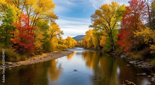 Autumnal river landscape with colorful trees under a blue sky