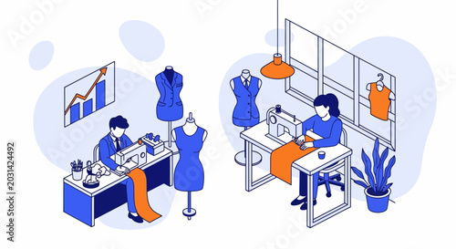 Professional male and female fashion designers working with sewing machines and mannequins in creative studio environment