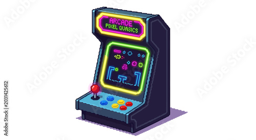Retro Arcade Machine with Colorful Buttons and Joystick.
