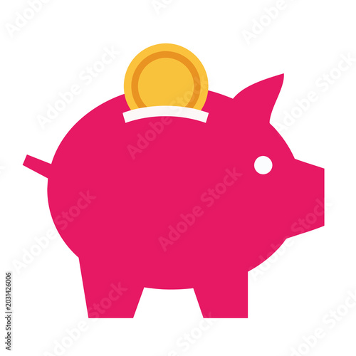 A flat vector illustration of a pink piggy bank with a gold coin.