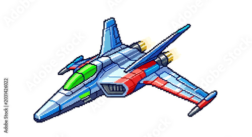 Retro Pixel Art Fighter Jet Spaceship Illustration.