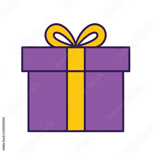 A flat vector illustration of a purple gift box with a yellow ribbon.