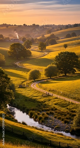 Stunning golden hour landscape with winding river and rolling hills in the English countryside.