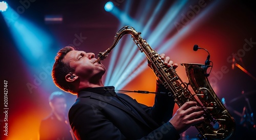 Professional male saxophonist performing live on stage with colorful spotlights.