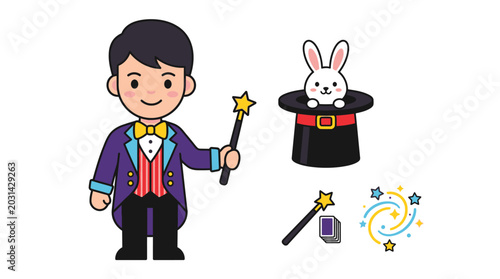 Young Boy Magician with Rabbit Trick.