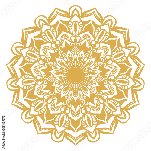 Intricate Golden Mandala Art Illustration with Ornamental Patterns and Spiritual Symbolism