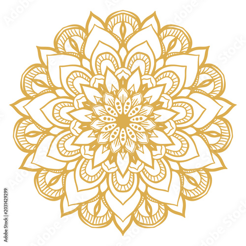 Intricate golden mandala illustration showcasing harmonious circular design and delicate botanical-inspired elements, ideal for decorative projects and spiritual themes