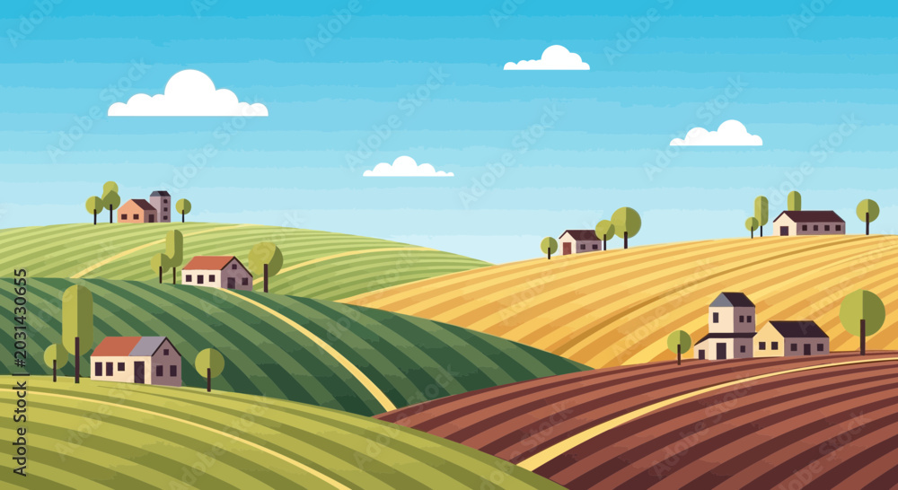 Fototapeta premium Idyllic Rural Landscape with Rolling Hills, Farms, and Crops under a Blue Sky