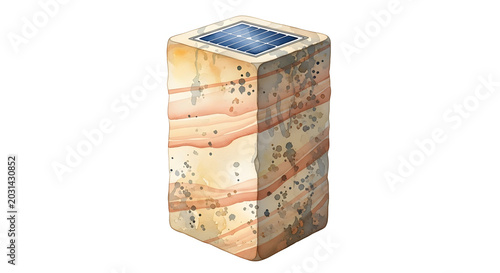 Watercolor illustration of a solar-integrated sandstone garden column featuring layered sedimentary rock patterns in tan and orange tones, isolated on a white background for design.