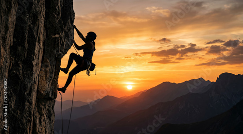 Silhouette of a female rock climber ascending a steep rocky cliff during a beautiful mountain sunset, with layered valley landscapes in the background.