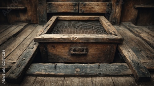 Rustic wooden sieve drawer with metal mesh surface resting on distressed wooden planks