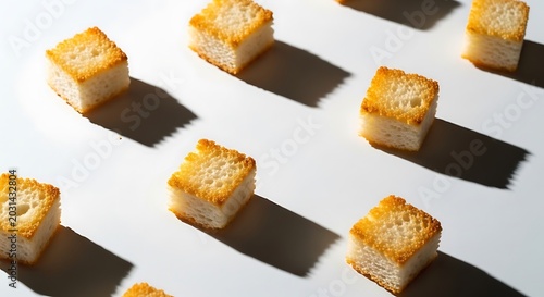 Close up arrangement of golden toasted bread croutons with sharp shadows