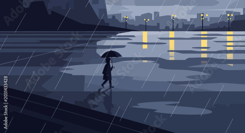 Εκτύπωση καμβά Pixel art cityscape at night with rain, person with umbrella walking by water re