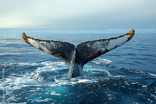 the whale's tail appeared on calm the surface of the sea