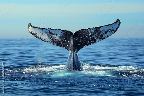 the whale's tail appeared on calm the surface of the sea