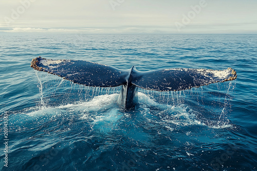 the whale's tail appeared on calm the surface of the sea