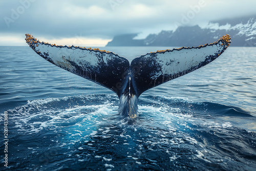 the whale's tail appeared on calm the surface of the sea