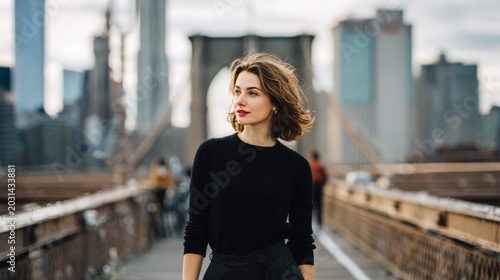 Stylish young woman walking on the Brooklyn Bridge pedestrian path, looking away with blurred Manhattan skyline in the background, urban travel and lifestyle concept
