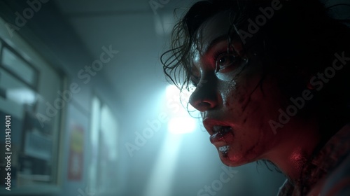 Cinematic close-up of a frightened woman with blood on her face in a dark, smoky room with dramatic light beams, creating a tense horror and suspense atmosphere