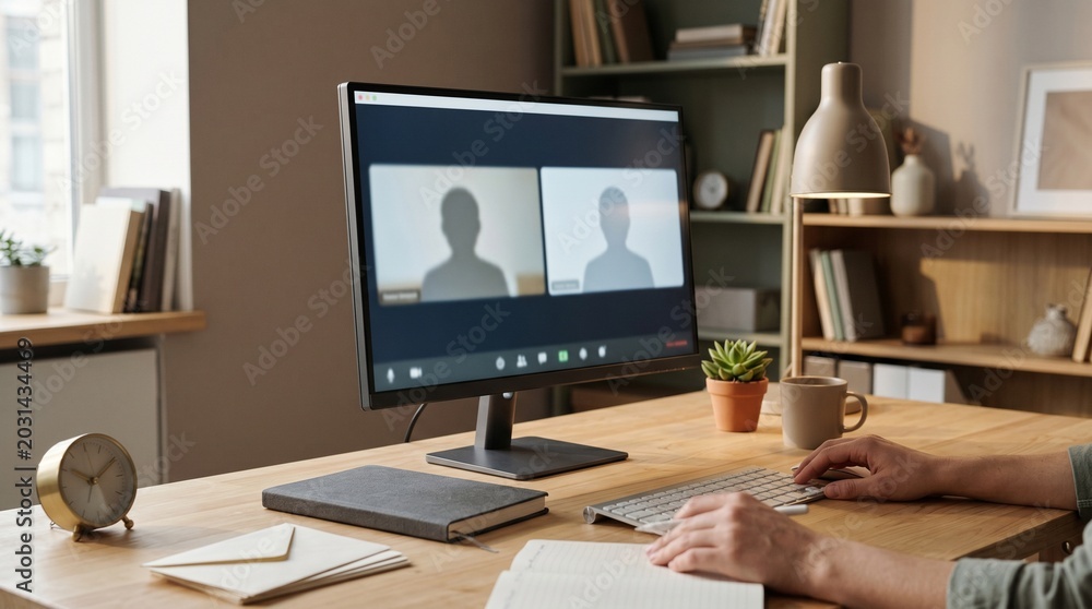 Fototapeta premium Hands on keyboard in front of computer with video call on screen.