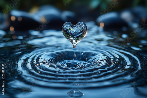 Water drop forming a heart