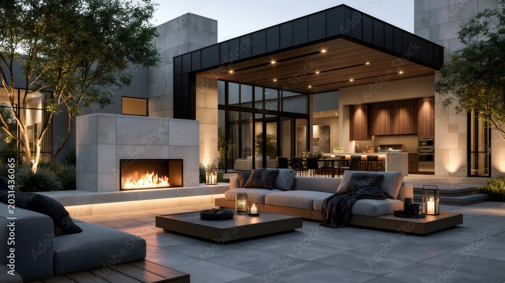 Fototapeta premium Modern outdoor patio with fireplace and lounge area