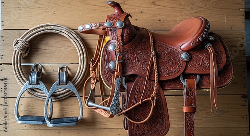 Close up of a decorative leather saddle with stirrups and rope on wood panel