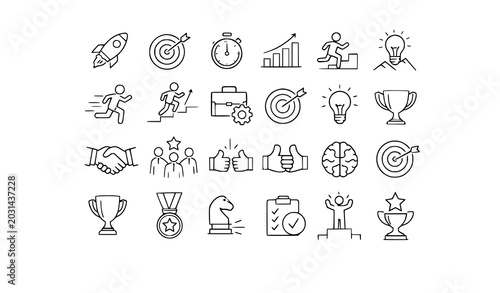 Line icons representing business success goals achievement with running man light bulb thumbs up line art