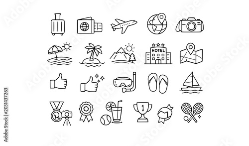 Foto Travel and vacation line icons set with tourism holiday leisure activities and d