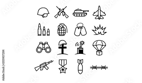 Military equipment and symbols vector icon set with dog tags barbed wire military helmet army helmet