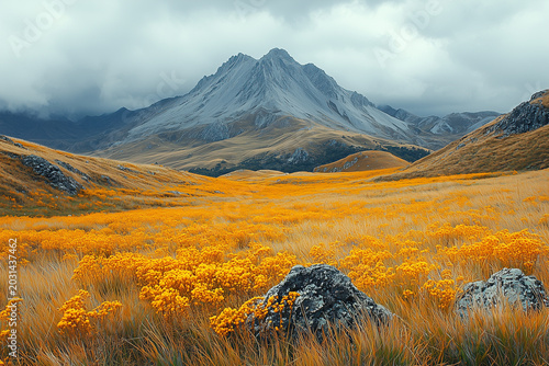 Yellow grass mountain view and blue sky 