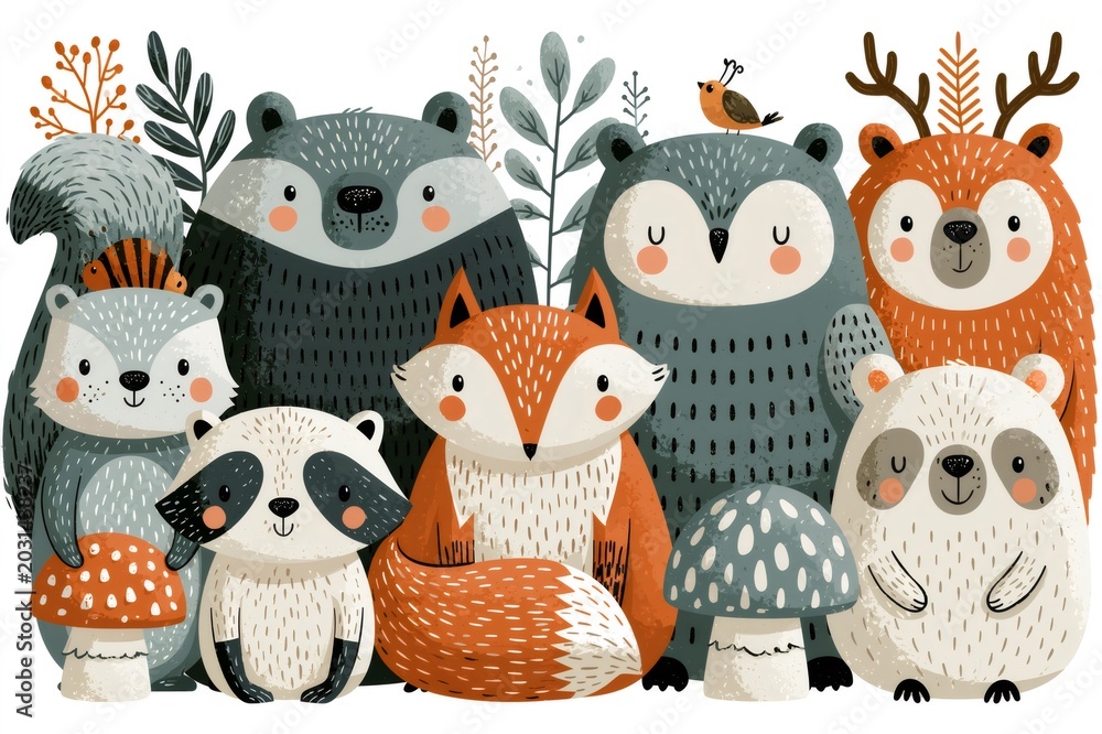 Fototapeta premium Woodland animals gathering, cute illustration for nursery art