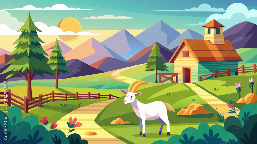 Fototapeta premium Goat farm landscape vector illustration with countryside background.