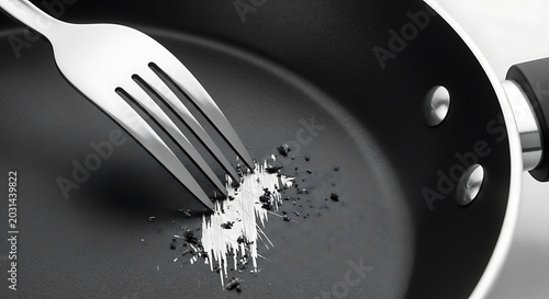 Close up of a fork scraping residue in a non stick frying pan