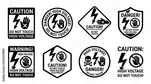 Bild auf Leinwand Warning signs display caution and danger with high voltage symbols nearby