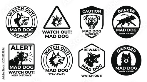 Foto A collection of warning signs featuring aggressive dog illustrations in various shapes and designs