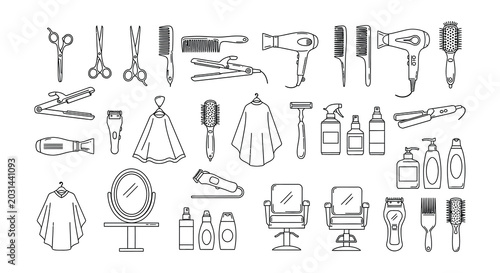 Flat vector icons of barber and beauty salon tools on white background