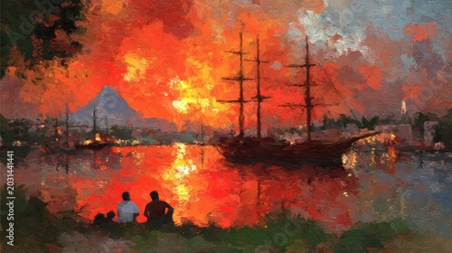 Impressionistic depiction of silhouetted figures watching a fiery sunset over a harbor with a large sailing vessel.