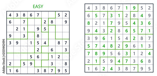 Sudoku puzzle grids labeled as easy with numbers in green  