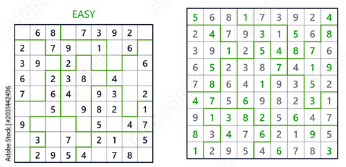 Foto Easy Sudoku puzzles with completed grid and solution on paper