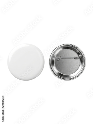 A blank white round badge with a pin closure is shown from the front and back against a clean white background.