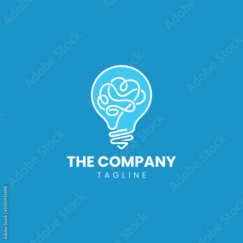 Continuous line art brain inside a lightbulb logo vector template
